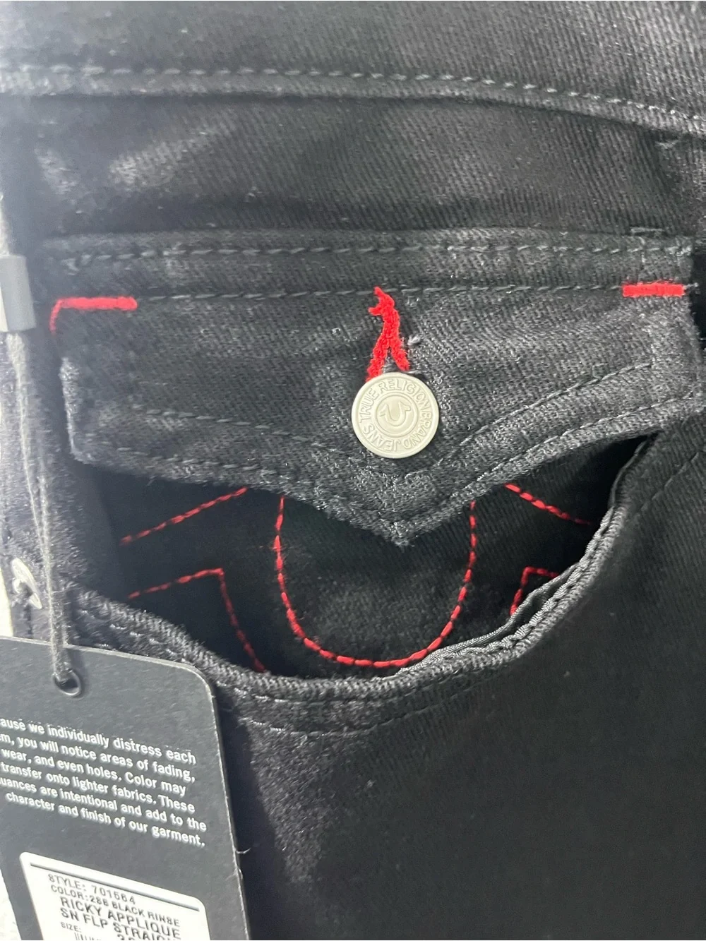 True Religion Ricky Applique SN Flap Straight “2SB Black Rinse” 32x30 #701564